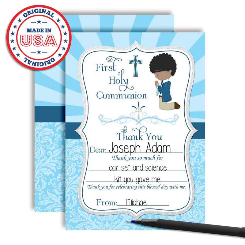 Amanda Creation First Holy Communion Religious Thank You Notes for Boys (Darker Skin, Black Hair), Ten 4" x 5.5" Fill In The Blank Cards with 10 White Envelopes by AmandaCreation - Image 3